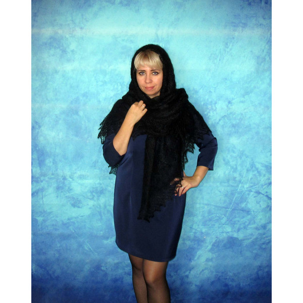 Black Russian shawl, Hand knit Orenburg shawl, Wool wrap, Goat down kerchief, Warm cover up, Handmade stole, Mourning cape, Big scarf, Gift for a woman 10.JPG
