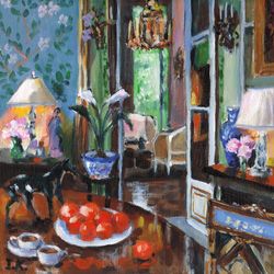 vintage interior with lamps and flowers. original acrylic painting 8x8''
