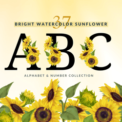 Watercolor Sunflower Alphabet & Number Collection, Floral Alphabets, Floral Letters, Botanical Alphabets, Wedding Letter