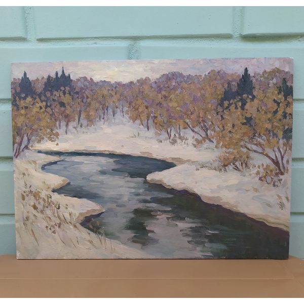Thaw Painting Original Art River Snow Spring Landscape Picture