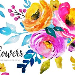 Watercolor bright summer flowers, leaves, branches Aquarelle Digital Clip Art floral PNG files