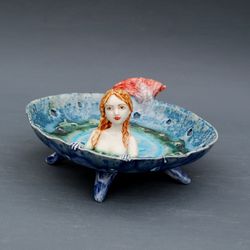 ceramic berry bowl mermaid figurine blue vase with holes candy bowl fruit bowl