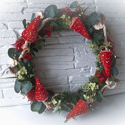 wreath with fly agarics and flowers.wreath for front door.handmade table decor.