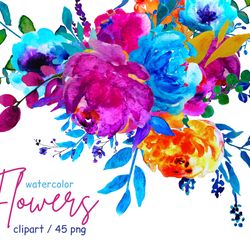 watercolor color clipart 45 bright branches, flowers, leaves, digital clip watercolor, watercolor color png