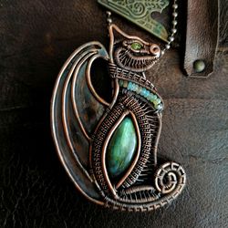 Handmade Egyptian Talisman Winged Cat Pendant Necklace Totem Animal with Labradorite and Natural Opals  Antique Copper