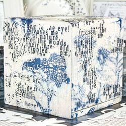 Encaustic Tissue Box Cover Square  Blue Botanical Wild Flowers with Letters and Silver Abstract Collage Wooden Holder