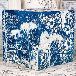 Wooden Tissue Box Cover Square White Abstract Wildflowers on the Blue Background Encaustic Art Collage Kleenex Holder