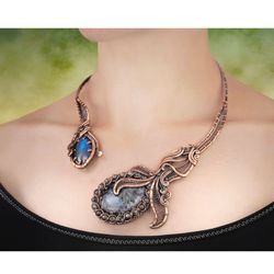 Larvikite and Labradorite open choker / Unique copper wire wrapped cuff necklace for lady / Wire Wrap Art copper jewelry