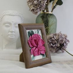 3d rose in photo frame, impasto floral painting, heavy texture art