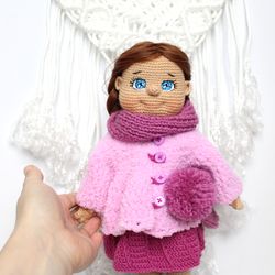 Handmade soft doll in removable clothes Personalized stuffed doll winter clothes pink dress Christmas gift for girl