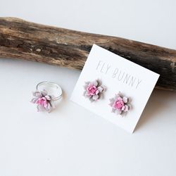Cute pink set of ring & stud earrings