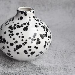 Dalmatian vase, modern centerpiece bud vase in speckled colors, handmade porcelain small vase, black & white vessel.