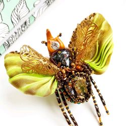 Embroidery brooch, beetle Jewelry, Rhinoceros Beetle brooch, green-gold color, with wings, unisex, Insect Pin, as a gift