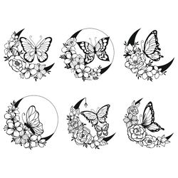 butterfly floral svg, png, dxf, moon svg, crescent moon, mandala style, moon decoration, moon zentangle