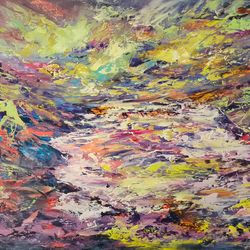 Stream River Mountains Original Oil Painting Borealis Aurora Artist Svinar Oksana