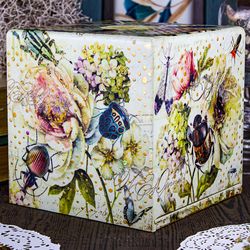 Floral Vintage Postcard Decoupage Tissue Box Cover Square Romantic Retro Flowers with Colourful Bugs Collage Home Decor