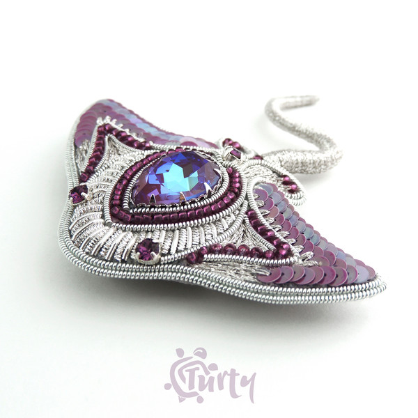 Brooch Sea Stingray Brooch with Embroidery Manta Ray Bead Brooch Purple Crystals Lilac Gift Pin 1.jpg