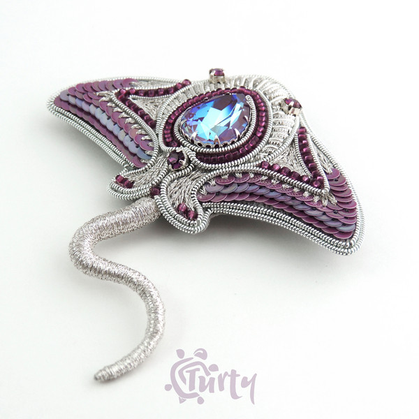 Brooch Sea Stingray Brooch with Embroidery Manta Ray Bead Brooch Purple Crystals Lilac Gift Pin 2.jpg
