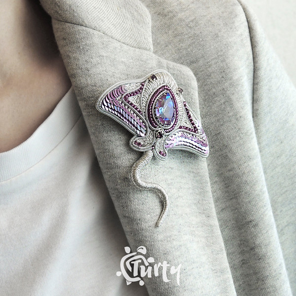 Brooch Sea Stingray Brooch with Embroidery Manta Ray Bead Brooch Purple Crystals Lilac Gift Pin 5 .jpg