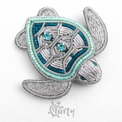 Handmade brooch sea turtle beaded embroidery brooch jewellery pin turtle turquoise color
