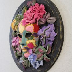 Original floral plaster sculpture, textured wall decor, palette knife painting.