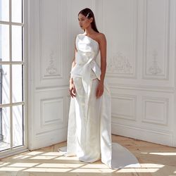 Exclusive designer wedding dress made of satin. Asymmetric Mermaid Wedding Dress with Ivory Corset and Train EDEN