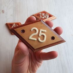 Wooden rhomb address number plate 25 - Soviet apartment door number sign vintage