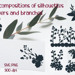 Set of compositions of silhouettes of flowers and branches