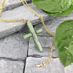Green jade Christian Catholic cross on chain, religious and spiritual jewelry, baptism gift.