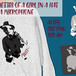 SILHOUETTES OF A GIRL IN A HAT WITH A MICROPHONE