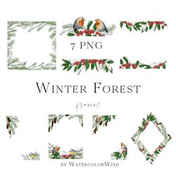 Watercolor Christmas Winter Forest Frame Borders Clipart With Snow Covered Fir Branches For Instant Download