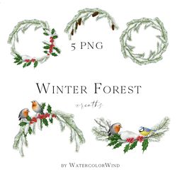 Watercolor Christmas Wreaths PNG Clipart With Snow Covered Fir Branches, Robin Birds For Instant Download
