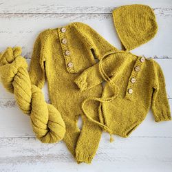Mustard tweed bonnet, romper, wrap. Newborn photo props.