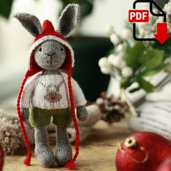 Christmas knitted bunny pattern. Knitting amigurumi. PDF tutorial
