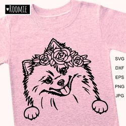 Pomeranian Spitz With Flower Crown Svg, Peeking dog Pom Shirt Design Car Decal Clipart Vector Cut file Cricut Vinyl /123