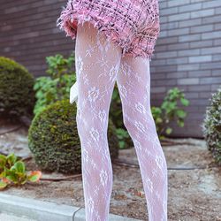 Women's White Mesh Lace Tights in Japanese Style, Transparent Tights with Floral Pattern