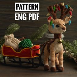 Set christmas toys: Reindeer with a sleigh a bag for gifts and Christmas tree, English PDF pattern