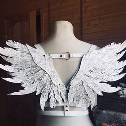 harness  with white wings, women's genuine leather harness, angel wings harness, white wings, black wings, whip and cake