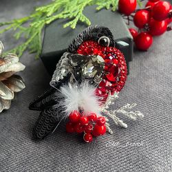 Beaded bullfinch brooch, handmade red  bird bullfinch
