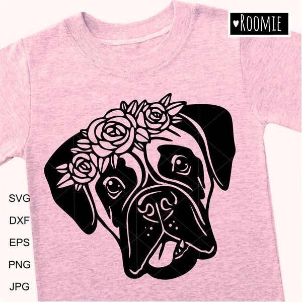 Boxer-dog-with-flowers-black-and-white-clipart-.jpg