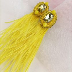 feather earrings, yellow earrings, long earrings, yellow feathers, earrings, accessory