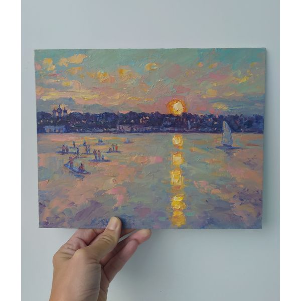SUP Sunset Oil Painting Art Sun River Landscape People