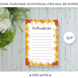 thanksgiving thankful card, i'm thankful for list