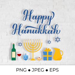 happy hanukkah calligraphy lettering with traditional items