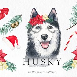 Watercolor Christmas Husky Dog Clipart New Year Clip Art For Instant Download