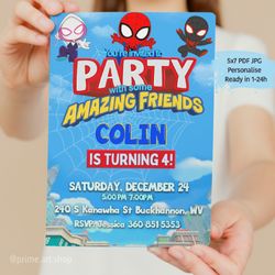 Baby Spidey and his amazing friends birthday invitation, digital invite, personalized invitation card, kids birthday