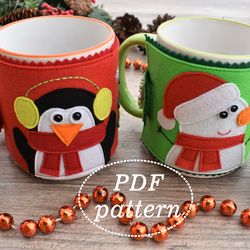 Christmas Cup Cozy Felt PDF Pattern, Christmas Pattern, Felt mug cozy, Cup warmer, Christmas Table, Mug Hugger