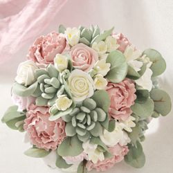 Succulent wedding bouquet , Pink ivory bridal bouquet ,  Eucalyptus wedding bouquet with peonies and roses , beach weddi