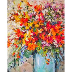 painting flowers oil canvas original art 20 by 16 inches bouquet of scarlet flowers abstract painting