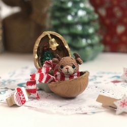 Christmas deer  miniature in tiny house walnut box mini crochet animal cute gift for mom festive reindeer